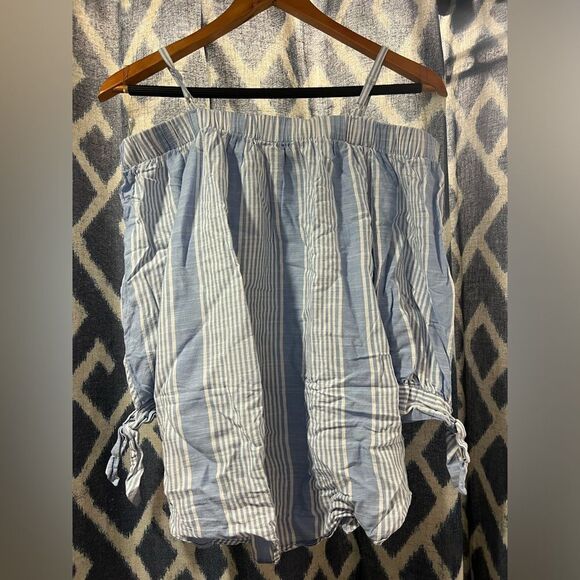 BCX Blue and White Off the Shoulder Striped Boho Blouse Size L - Picture 7 of 7